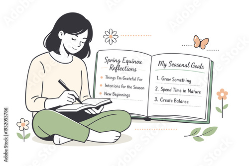 Spring equinox journaling practice. A person seated calmly with a pen and soft light falling on a page with seasonal prompts or gratitude lists. The mood is