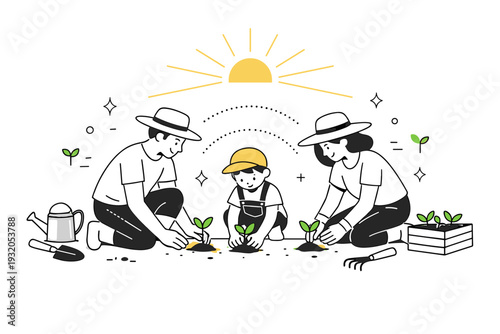 Planting season on the homestead. Parents kneeling with a child, gently placing seedlings into the soil, focused work and nurturing atmosphere with simple