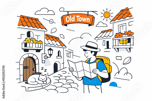 Exploring an old town. Narrow cobblestone streets wind between historic houses with tiled roofs, a traveler holding a map while a cat naps by a vintage door.