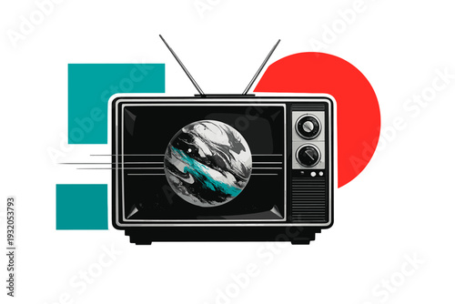 A black and white retro television set with the screen replaced by a floating abstract sphere, surrounded by bold teal blocks and a large red circle partially