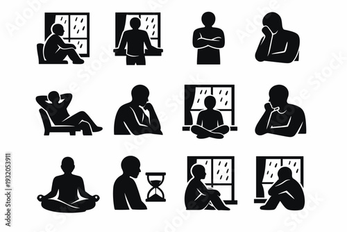 Watching the rain from the window. Solid icon set of Watching the rain from the window: person silhouette sitting, person standing by window, folded arms