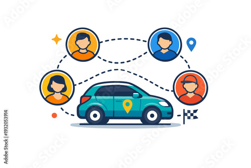 Ride sharing services representing convenient urban mobility through a compact scene of a car with multiple passenger icons connected by simple route lines