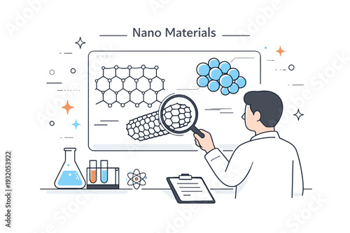Nanomaterials research. A minimal scene with a scientist observing enlarged nano structures on a transparent screen. Focused analysis, discovery, and modern