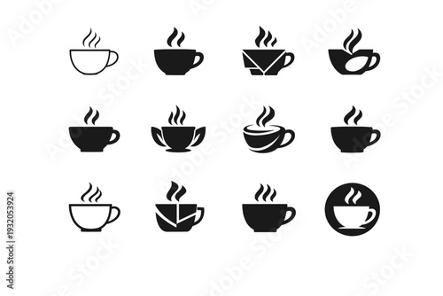 Hot beverages (tea, coffee, cocoa). Icon set. Set Logo of hot beverages (tea, coffee, cocoa): steaming cup. harmonious logo variations of the same emblematic