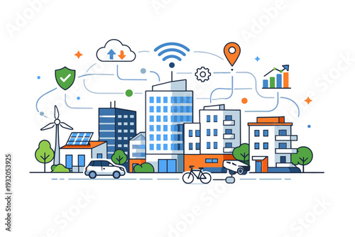 Smart city technology illustrated through a connected city block with buildings linked by subtle signal lines and data icons, expressing efficiency,
