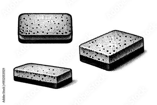 Dish sponge ? classic rectangular household sponge with softened edges and compressed pores, shown in top-down view, side profile, and three-quarter