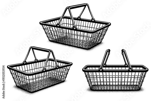 Shopping Basket ? classic wire basket. A traditional shopping basket with metal wire frame, folding handles, and open grid structure, shown as the same basket