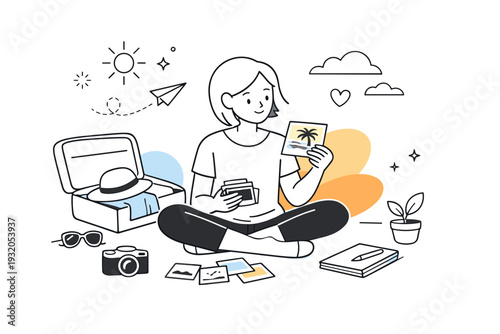 End of holiday reflection. A quiet moment of unpacking or looking through photos, capturing a sense of gratitude and calm closure. Gentle abstract elements