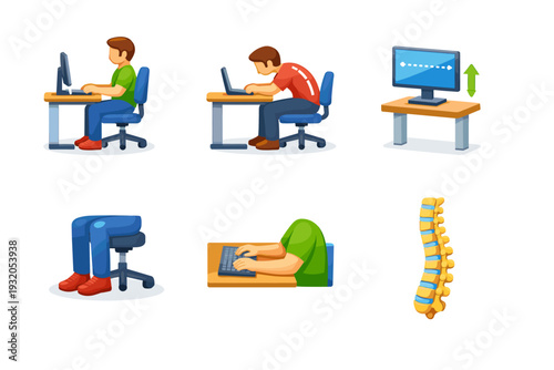 DeskPosture. Isometric flat vector icons set of DeskPosture: correct sitting posture at desk, incorrect slouching posture, ergonomic monitor height, feet flat
