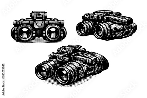 Night vision goggles shown front view, folded side profile, and angled operational position, with dual lenses and realistic ergonomic proportions. Black and