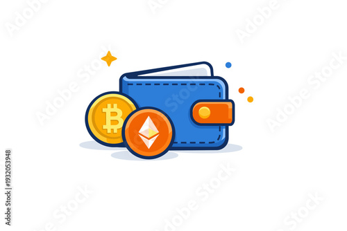 Blockchain and crypto focused on digital wallets where a simple wallet icon and coins express ownership, control and everyday crypto usage. Minimalist flat