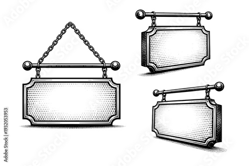 Comic halftone hanging sign A single hanging sign object shown in three views including frontal view, side view, and three-quarter angled view. Black and white