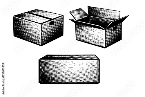 Product cardboard box ? kraft paper packaging box. A realistic kraft cardboard box represented as one object in three different views emphasizing natural paper