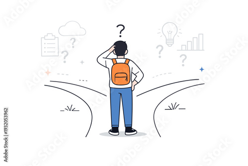 Decision making with missing data. Character standing at a forked path with faded icons and missing labels, choosing a direction thoughtfully. Visual metaphor