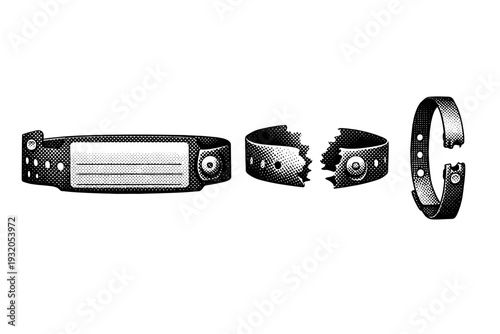 Broken hospital bracelet ? patient identification bracelet displayed flat front view, partially torn view, and edge-on profile highlighting break points and