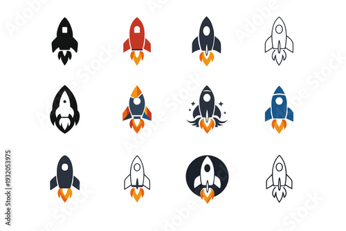 Rocket. Icon set. Set Logo of rocket: rocket launch with flame. harmonious logo variations of the same emblematic concept, each with different artistic