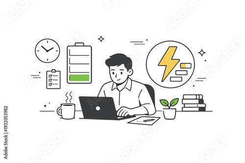 Hidden burnout signals. A calm office scene where battery and energy icons slowly drain behind a focused worker. Early warning signs overlooked in a