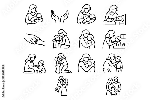 Motherhood. Line icon set of Motherhood: caring mother, protective arms, nurturing gesture, bedtime care, guiding hand, gentle touch, emotional support, daily