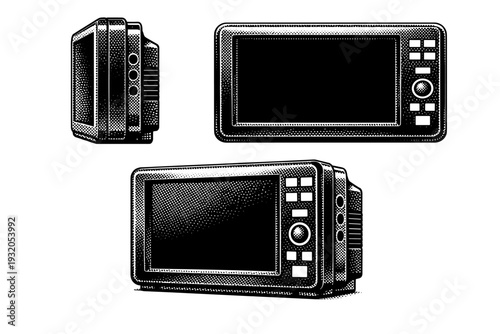 Unplugged heart monitor screen module. A detailed heart monitor screen module depicted as the same object in three different views focusing on frame thickness,