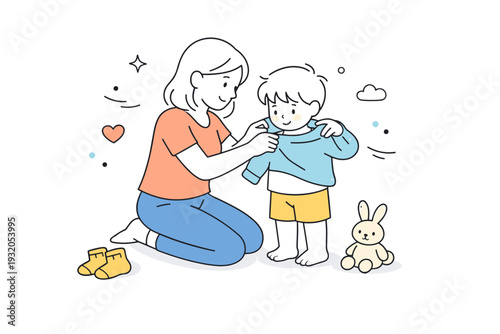 Mother caring for child. A mother gently helping a child with daily routine, such as dressing or comforting. The illustration communicates