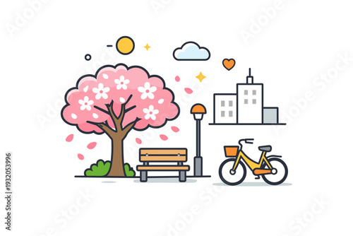 Cherry blossom season capturing a peaceful urban moment with a blooming tree and subtle falling petals suggesting quiet joy and everyday appreciation of