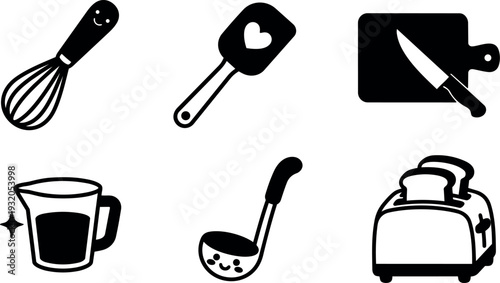 Flat design cute kitchen utensil icon set with smiling whisk ladle toaster measuring cup cutting board knife closeup vector collection