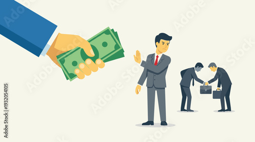 Businessman Refusing Bribe from Large Hand Offering Money Stack, Honest Professional Rejecting Corruption and Illegal Deal while Others Shake Hands in Background, Business Ethics Concept Vector