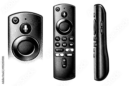 Remote control ? smart streaming remote. A realistic smart streaming remote control represented as the same object in three views, emphasizing voice button