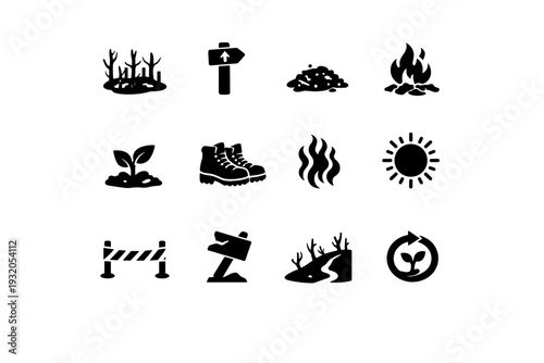 Burn Area Trail. Solid icon set of Burn Area Trail: burned forest, trail marker post, ash ground, fire residue, regrowth sprout, hiking boots, smoke haze, sun