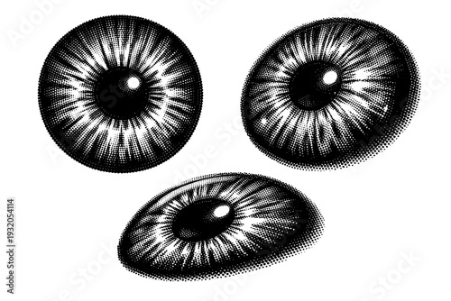 Eye iris with digital glow. A realistic eye iris depicted as the same object in three different angles highlighting radial texture, layered depth, and luminous