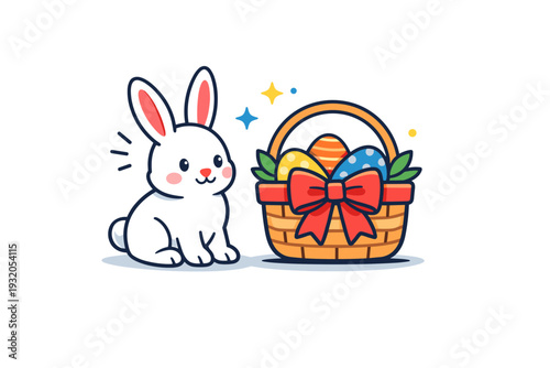 Easter Bunny gift tradition visualized by a bunny next to a neatly wrapped basket and ribbon details, communicating surprise and festive anticipation. A clean