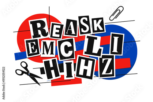 A chaotic yet balanced arrangement of black and white cutout ransom letters in mixed vintage serif and sans-serif styles, each letter outlined with crisp white