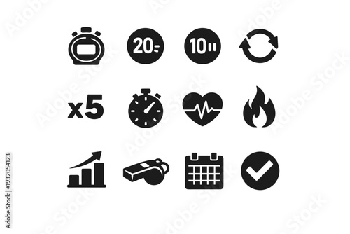 Tabata Training System. Solid icon set of Tabata Training System: interval timer, seconds icon, seconds rest icon, workout cycle arrows, repetition counter,