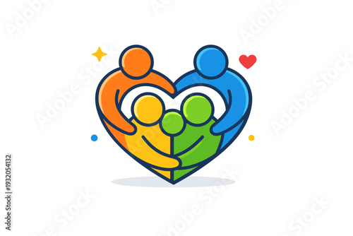 Unconditional family support represented by interlocking figures forming a heart shape, communicating acceptance emotional strength and lifelong connection.