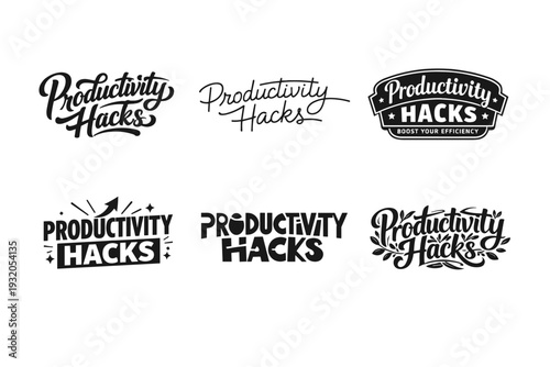 Productivity Hacks. Set lettering. harmonious lettering variations of the same emblematic concept, each with different artistic interpretation (Bold