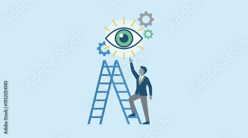 Business Leadership and Vision Concept Illustration Featuring a Businessman Climbing a Ladder Towards a Large Eye and Gears Symbolizing Strategic Insight, Career Growth, and Future Planning