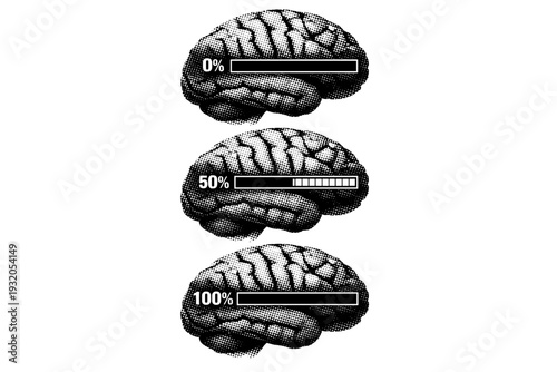 Brain loading bar ? side-view human brain intersected by a linear loading indicator displayed at %, %, and % completion levels. Black and white dot style with