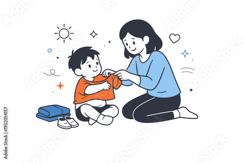 Mother caring for child. A mother gently helping a child with daily routine, such as dressing or comforting. The illustration communicates