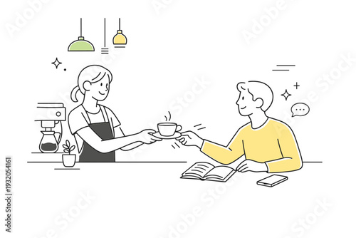 Line art minimal illustration style. Calm editorial scene showing a simple everyday interaction drawn with continuous clean lines, expressing clarity and