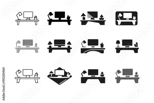 Aesthetic desktop setups. Icon set. Set Logo of aesthetic desktop setups: minimalist workspace desk. harmonious logo variations of the same emblematic concept,