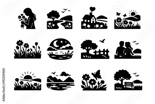 Romantic Nature Scene. Solid icon set of Romantic Nature Scene: girl with flowers, gentle nature mood, poetic countryside, soft floral scene, dreamy meadow,