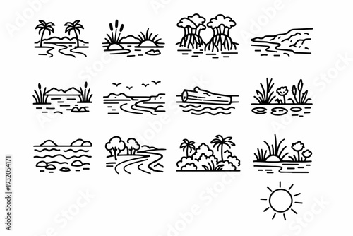 Crocodile Habitat. Line icon set of Crocodile Habitat: tropical river, swamp wetlands, mangrove roots, muddy riverbank, freshwater lake, estuary zone, basking