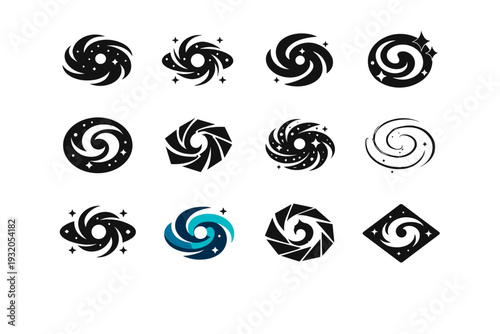 Astronomy and stargazing. Icon set. Set Logo of astronomy and stargazing: galaxy spiral. harmonious logo variations of the same emblematic concept, each with