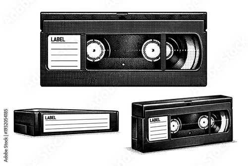 VHS tape ? blank VHS cassette with writable spine label and minimalist industrial design. Black and white dot style with halftone texture and high contrast.
