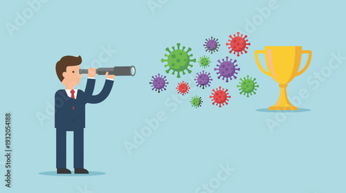 Businessman with Telescope Looking at Golden Trophy Cup Past Virus Pathogens, Concept of Strategic Vision, Success and Overcoming Challenges During Global Pandemic Crisis and Economic Recovery.