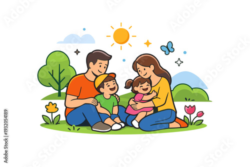 Spring family scene capturing a warm outdoor moment where parents and children enjoy time together among fresh greenery, expressing togetherness, comfort and