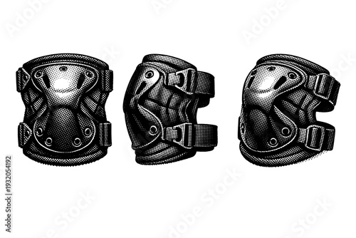 Tactical knee pads shown front view, side profile, and slightly angled perspective, with protective shell structure, fastening straps, and realistic anatomical