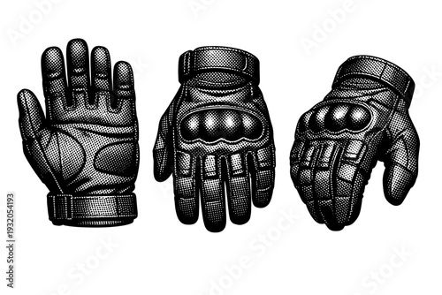 Tactical gloves shown palm view, back view, and slightly angled perspective, featuring reinforced knuckle protection, textured grip surfaces, and realistic