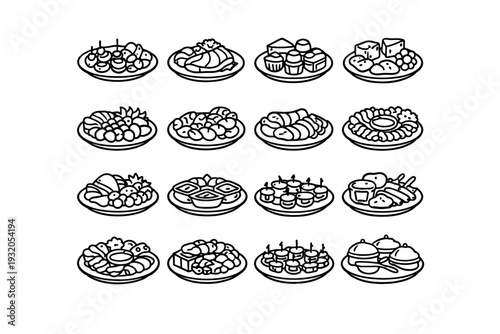 Serving Platters. Line icon set of Serving Platters: appetizer platter, main course platter, dessert platter, cheese platter, fruit platter, seafood platter,