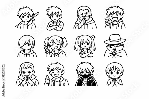 Anime Archetypes. Line icon set of Anime Archetypes: hero protagonist, rival character, mentor figure, comic relief, quiet loner, energetic girl, tsundere